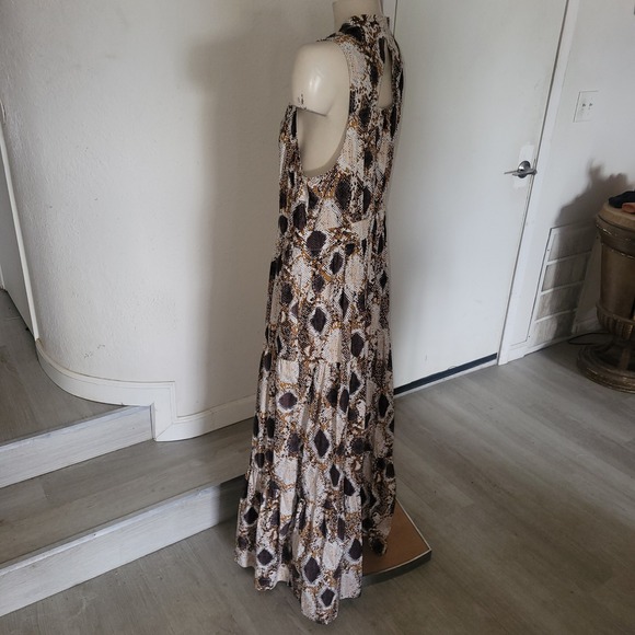 MAEVE  Snakeskin Print Maxi Dress Sleeveless Button Front Tiered Skirt High Neck - Picture 7 of 14